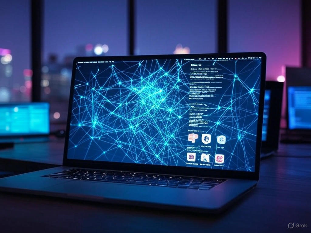 AI skills showcased on a futuristic laptop screen with a neural network visualization, featuring machine learning code and AI tools like TensorFlow in a neon-lit developer workspace for 2025.