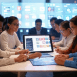 Low-code/no-code development depicted by a non-technical user building an app on a drag-and-drop interface, with a futuristic dashboard and workflow diagram, showcasing 2025 trends.
