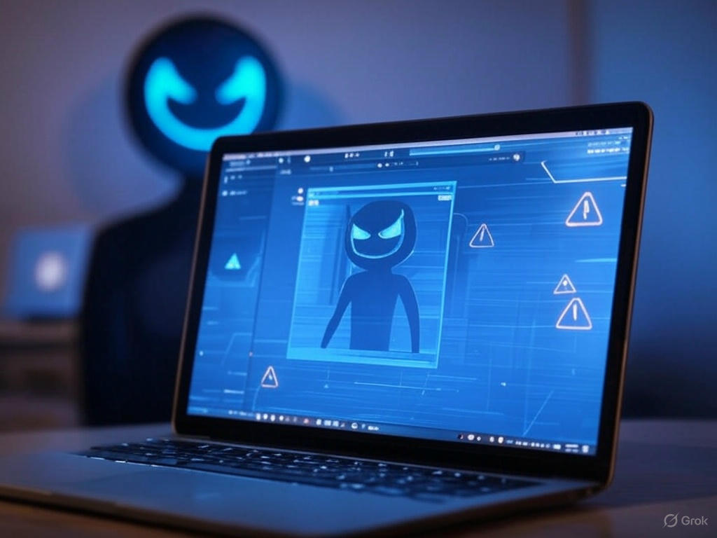 Fake AI video tools depicted by a laptop screen showing a fraudulent website, with a malware icon and warning symbols, highlighting cybersecurity risks in 2025