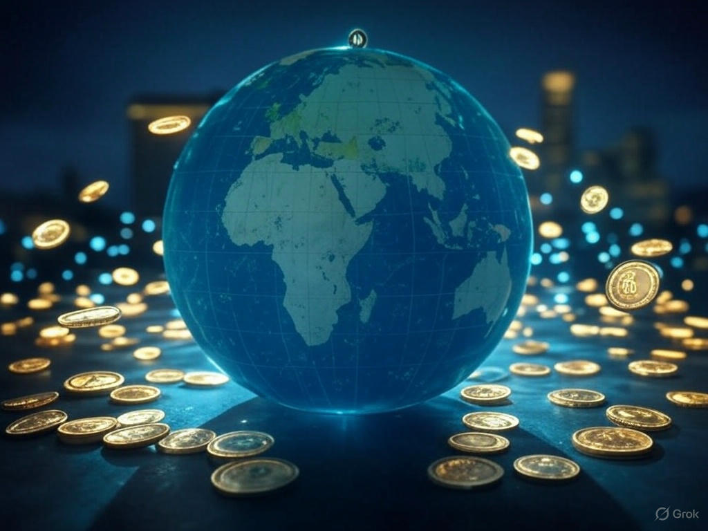 CBDC expansion in 2025 depicted by a globe with interconnected nodes, glowing digital coins, and a central bank, symbolizing global financial trends.