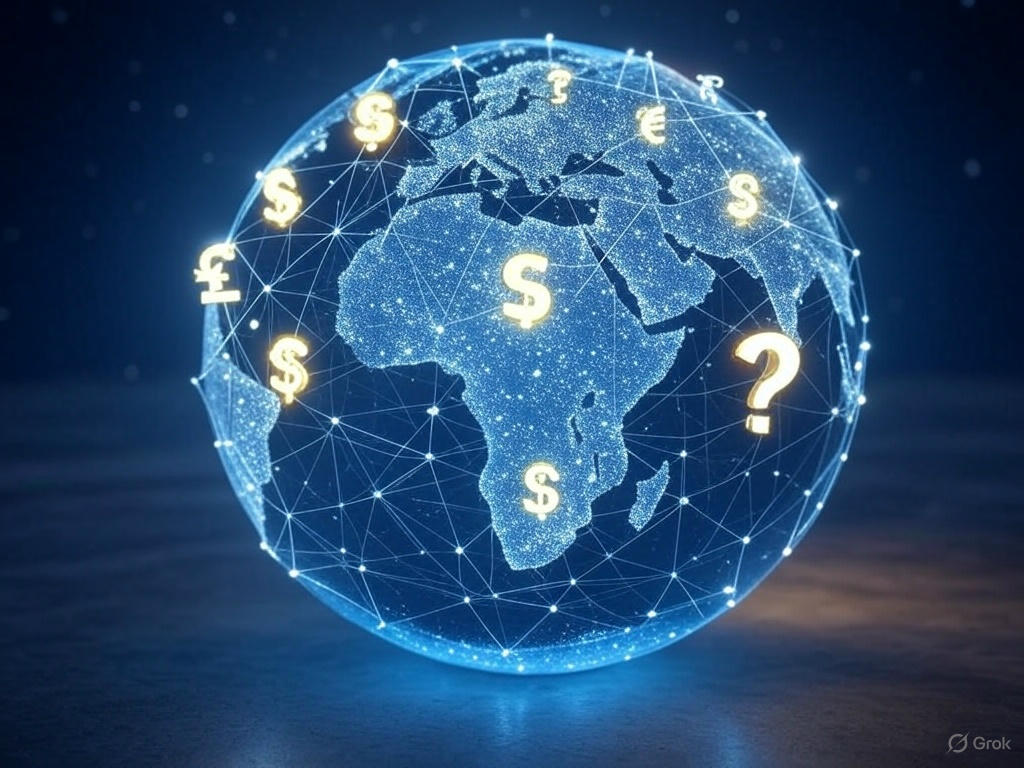 Global map highlighting CBDC growth in 2025 with currency symbols and network lines, questioning privacy and security challenges.