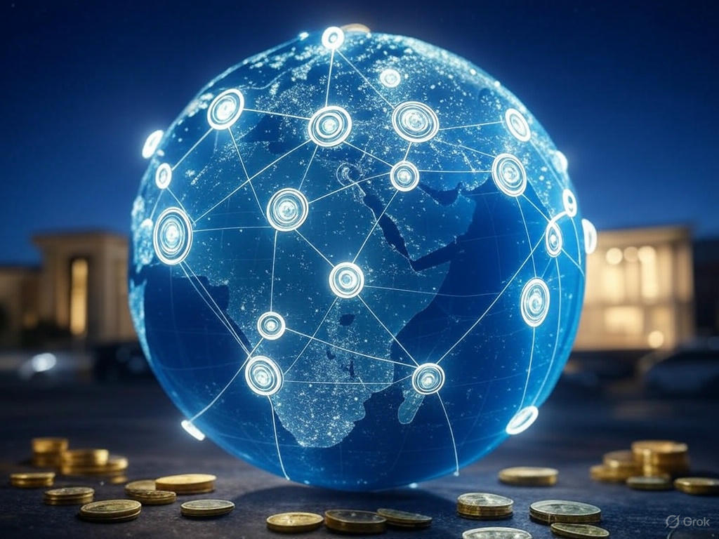 CBDC expansion in 2025 is depicted by a globe with interconnected nodes, glowing digital coins, and a central bank, symbolizing global financial trends.