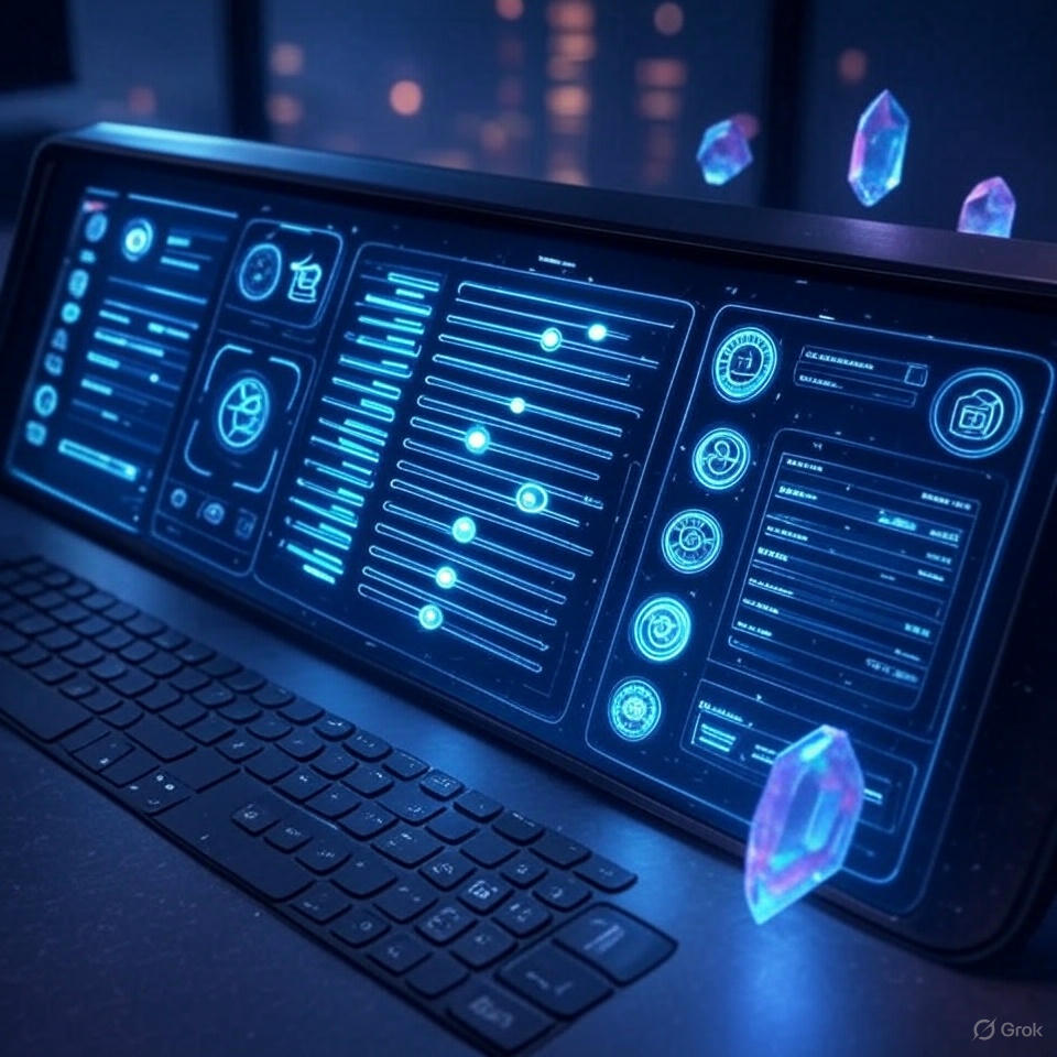 Google Gemini Model with Thinking Budget on a futuristic dashboard, with glowing purple sliders, holographic displays, floating crystals, and finance and education icons in a cyberpunk style, square format.