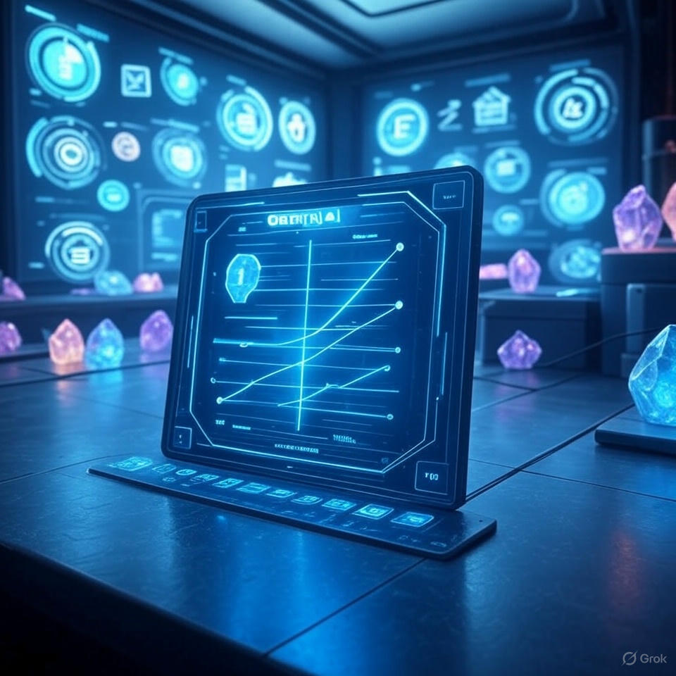 Google Gemini Model with Thinking Budget on a futuristic dashboard, featuring glowing blue sliders, holographic displays, floating crystals, and finance and education icons in a cyberpunk style, square format.