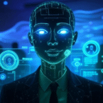 AI agents with adaptive emotional intelligence and real-time collaboration in 2025, depicted by a holographic agent with glowing indicators