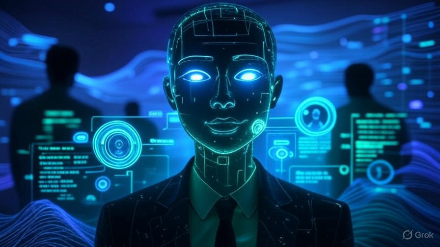 AI agents with adaptive emotional intelligence and real-time collaboration in 2025, depicted by a holographic agent with glowing indicators