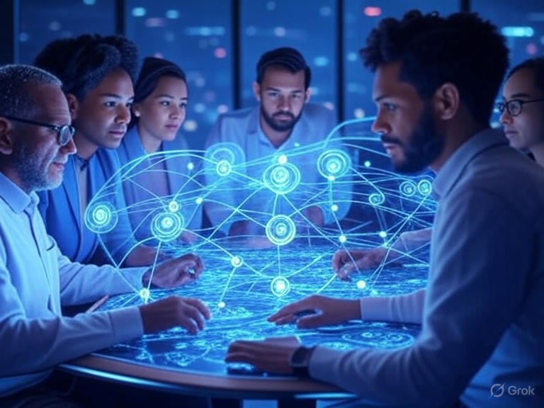 AI-driven autonomous agents and multi-agent systems in 2025, depicted by holographic AI figures collaborating in a futuristic command center.