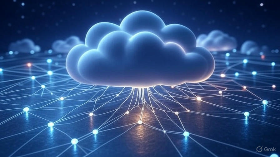 Edge computing and hybrid cloud integration in 2025, depicted by a glowing hybrid cloud network with edge nodes