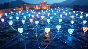 Regulatory focus on supply chain cybersecurity in 2025, depicted by a secure global network with regulatory shields.