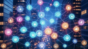 Stablecoin infrastructure and cross-border payments in 2025, depicted by a glowing payment network with secure data streams.