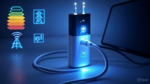 Are phone chargers AC or DC in 2025, depicted by a charger with a glowing conversion circuit and energy efficiency icons.