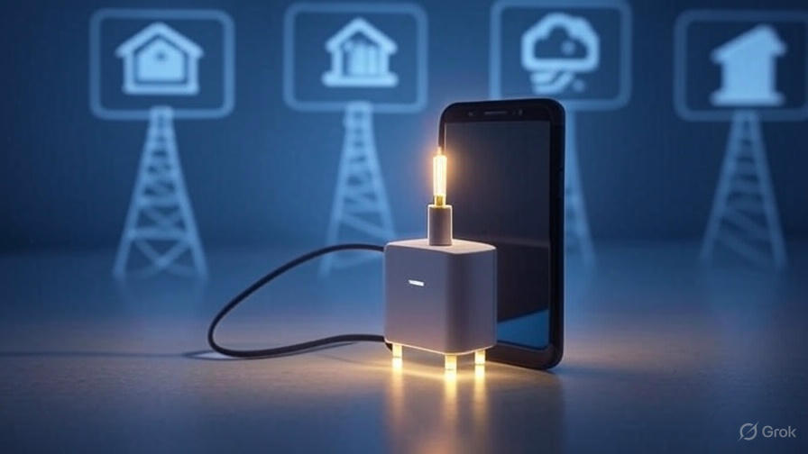 Are phone chargers AC or DC in 2025, depicted by a charger with a glowing conversion circuit and energy efficiency icons.