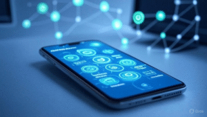 AI-powered Progressive Web Applications (PWAs) with offline capabilities in 2025, depicted by a smartphone with glowing AI icons and offline nodes.