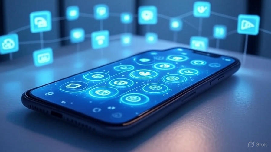 AI-powered Progressive Web Applications (PWAs) with offline capabilities in 2025, depicted by a smartphone with glowing AI icons and offline nodes.