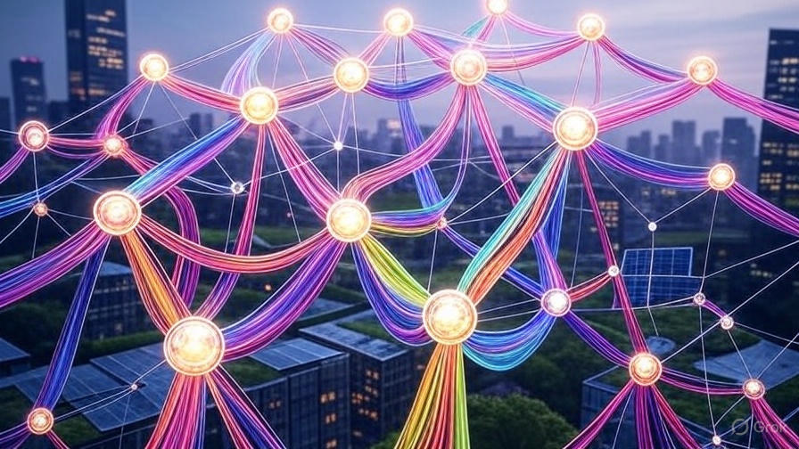 Decentralized Physical Infrastructure Networks (DePIN) and edge computing integration in 2025, depicted by a glowing network with edge nodes