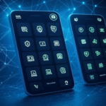 Embedded finance in non-financial platforms in 2025, depicted by an app with glowing finance icons and secure data streams