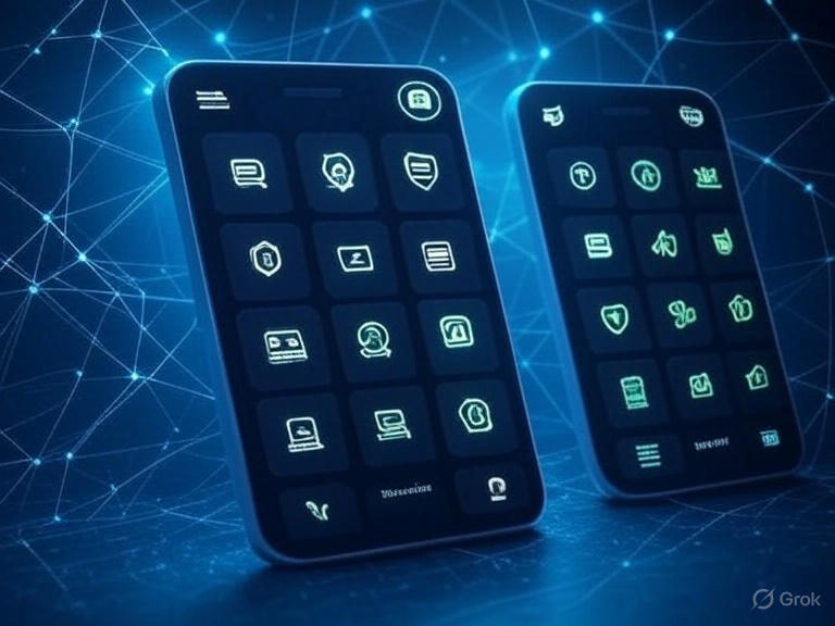 Embedded finance in non-financial platforms in 2025, depicted by an app with glowing finance icons and secure data streams