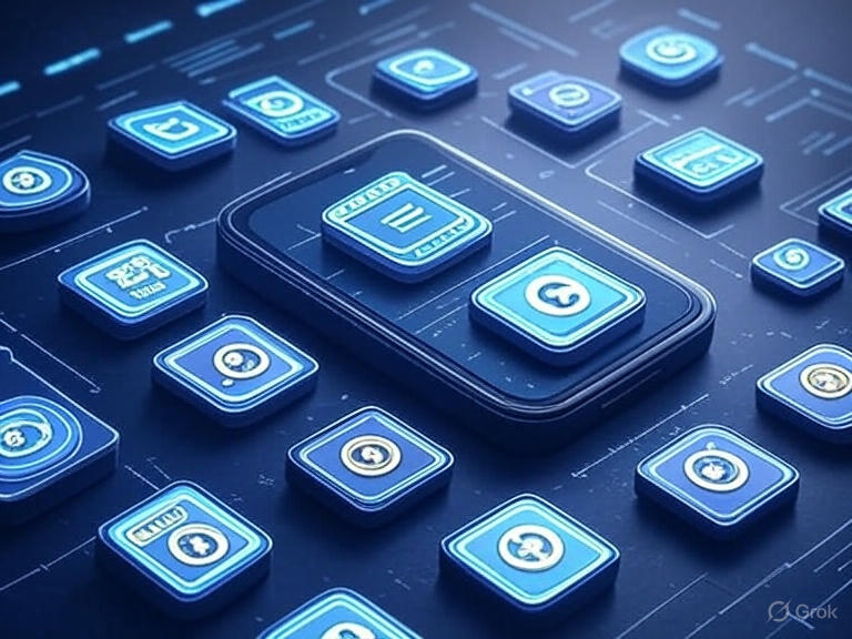 Embedded finance in non-financial platforms in 2025, depicted by an app with glowing finance icons and secure data streams.