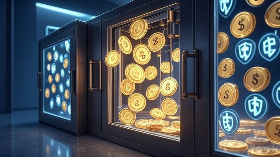 Tokenized bank deposits and Distributed Ledger Technology (DLT) in 2025, depicted by a bank vault with glowing tokens, DLT nodes, and security shields in a futuristic hub.