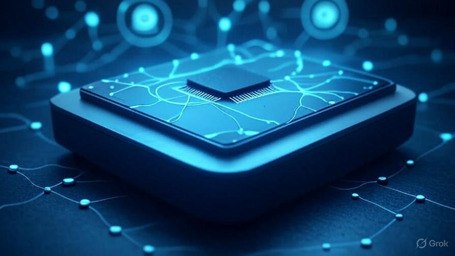 Neuromorphic computing software for edge AI in 2025, depicted by a neuromorphic chip with glowing neural connections in a smart sensor.