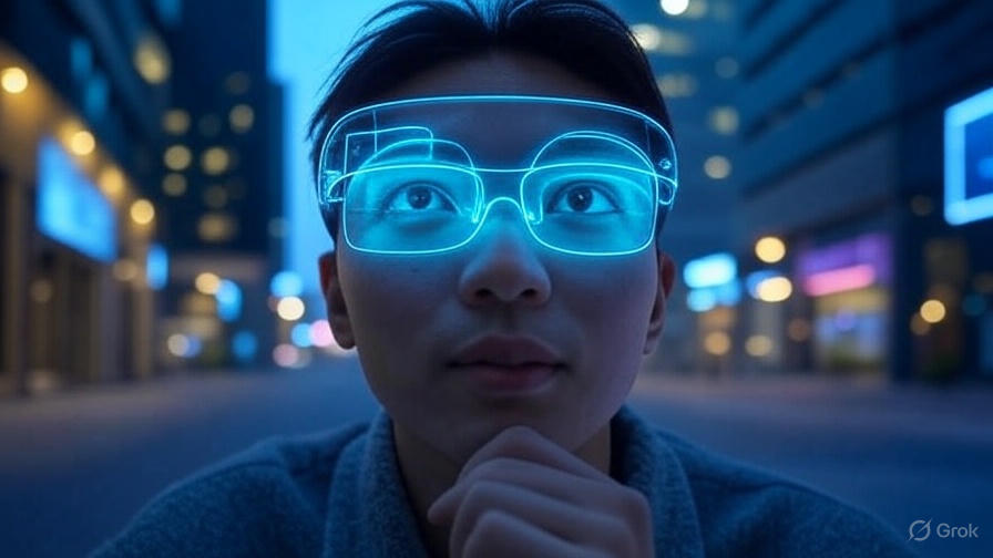 Smart glasses with contextual AI assistance in 2025, depicted by glasses with glowing AI overlays