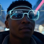 Smart glasses with contextual AI assistance in 2025, depicted by glasses with glowing AI overlays