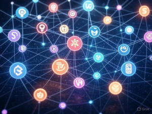Decentralized applications (DApps) and Web3 in 2025, depicted by a network with glowing nodes