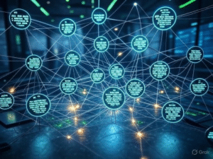 Multimodal AI integration in 2025, depicted by a network with glowing nodes