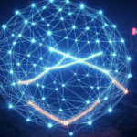 Cross-chain interoperability in 2025, depicted by interconnected blockchain networks with glowing bridges