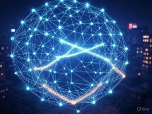 Cross-chain interoperability in 2025, depicted by interconnected blockchain networks with glowing bridges