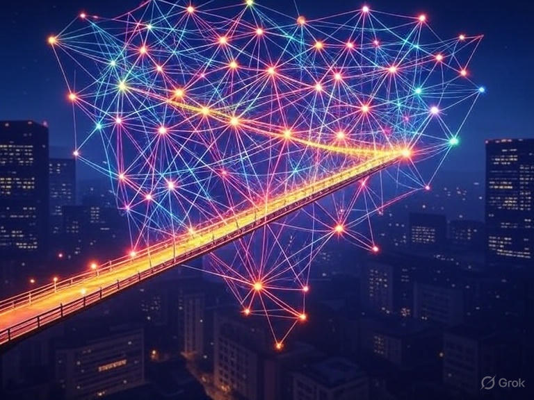 Cross-chain interoperability in 2025, depicted by interconnected blockchain networks with glowing bridges