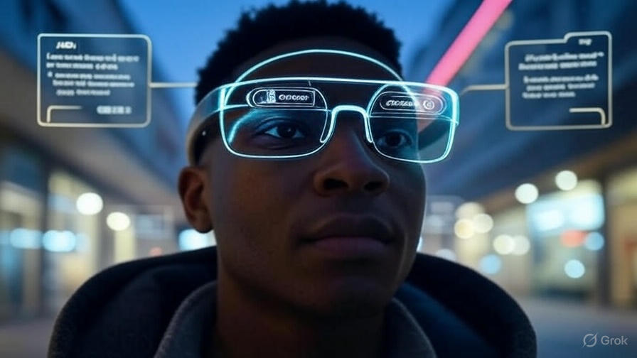 Smart glasses with contextual AI assistance in 2025, depicted by glasses with glowing AI overlays