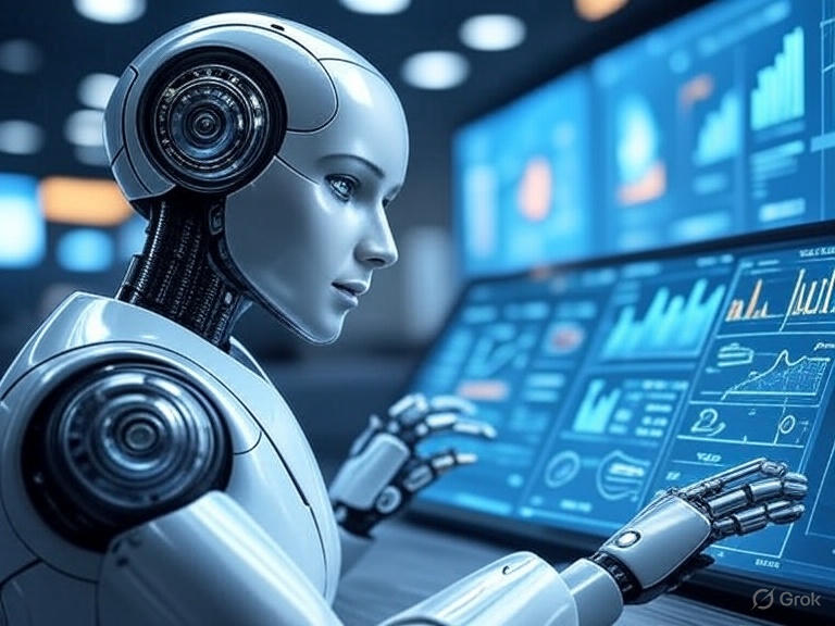 Agentic AI in financial services in 2025, depicted by an AI agent with a glowing dashboard.