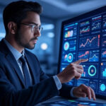 Agentic AI in financial services in 2025, depicted by an AI agent with a glowing dashboard.