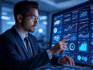 Agentic AI in financial services in 2025, depicted by an AI agent with a glowing dashboard.