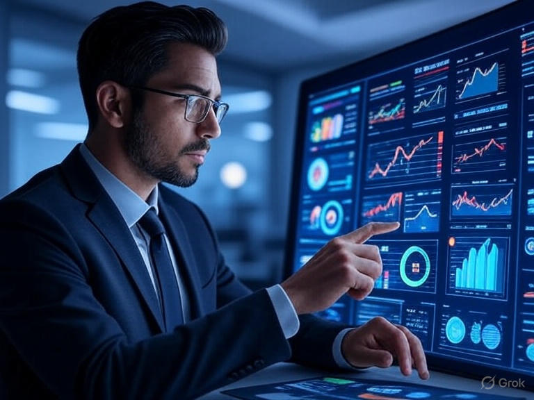 Agentic AI in financial services in 2025, depicted by an AI agent with a glowing dashboard.