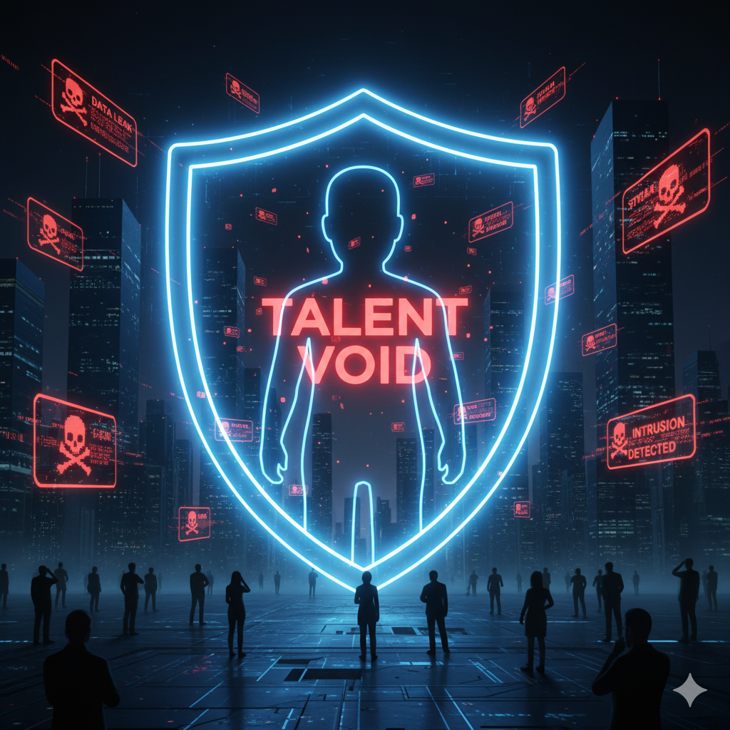 Cybersecurity skills gap in 2025, depicted by a shield with a talent crack.