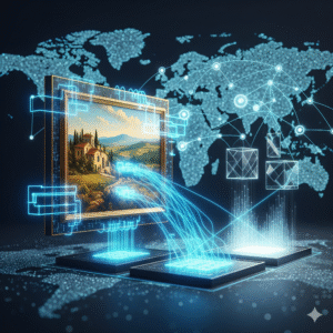 Tokenization of real-world assets (RWA) in 2025, depicted by a tokenized asset with glowing blockchain links.