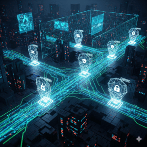 Zero trust architecture (ZTA) adoption in 2025, depicted by a secure network with glowing checkpoints.