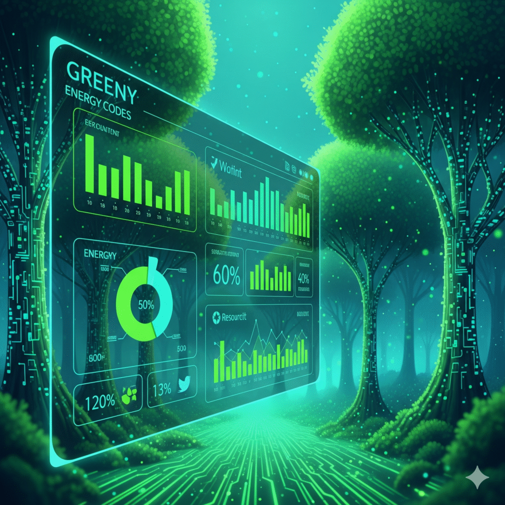 Sustainable software engineering in 2025, depicted by a green-coded interface with glowing charts.