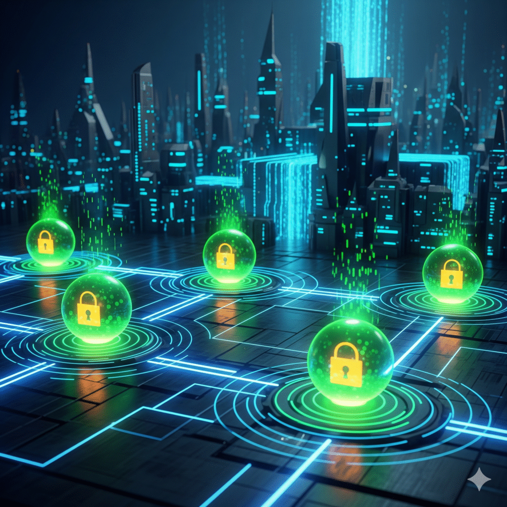 Zero trust architecture (ZTA) adoption in 2025, depicted by a secure network with glowing checkpoints.