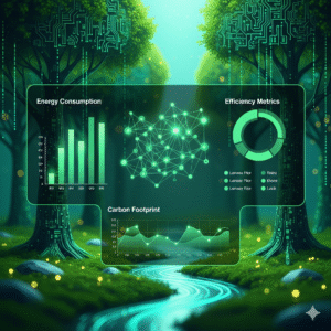 Sustainable software engineering in 2025, depicted by a green-coded interface with glowing charts.
