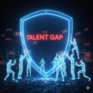 Cybersecurity skills gap in 2025, depicted by a shield with a talent crack.