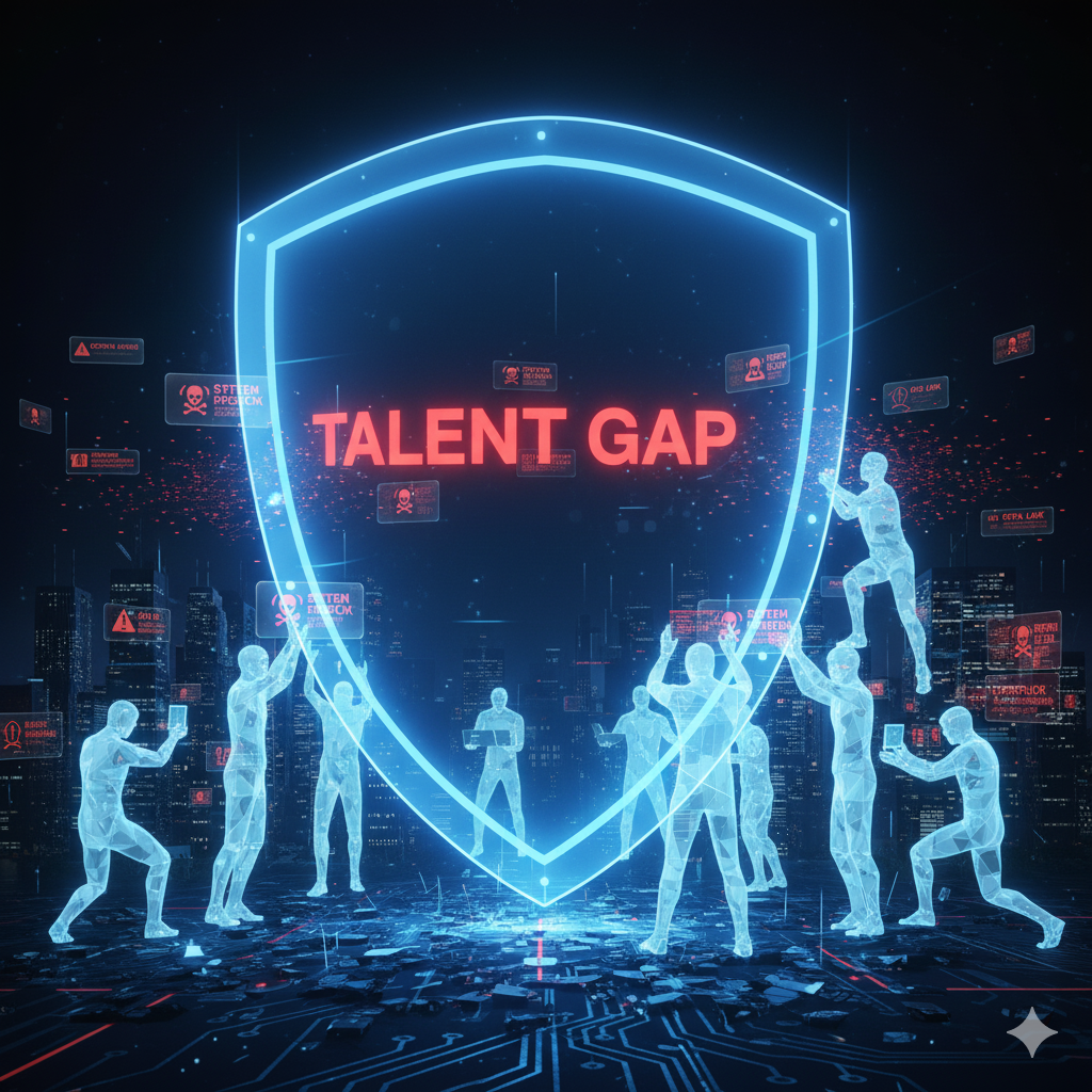 Cybersecurity skills gap in 2025, depicted by a shield with a talent crack.