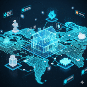 Tokenization of real-world assets (RWA) in 2025, depicted by a tokenized asset with glowing blockchain links.