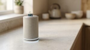 Small cylindrical smart speaker with a glowing base light ring on a kitchen counter, illustrating the Google Home Speaker