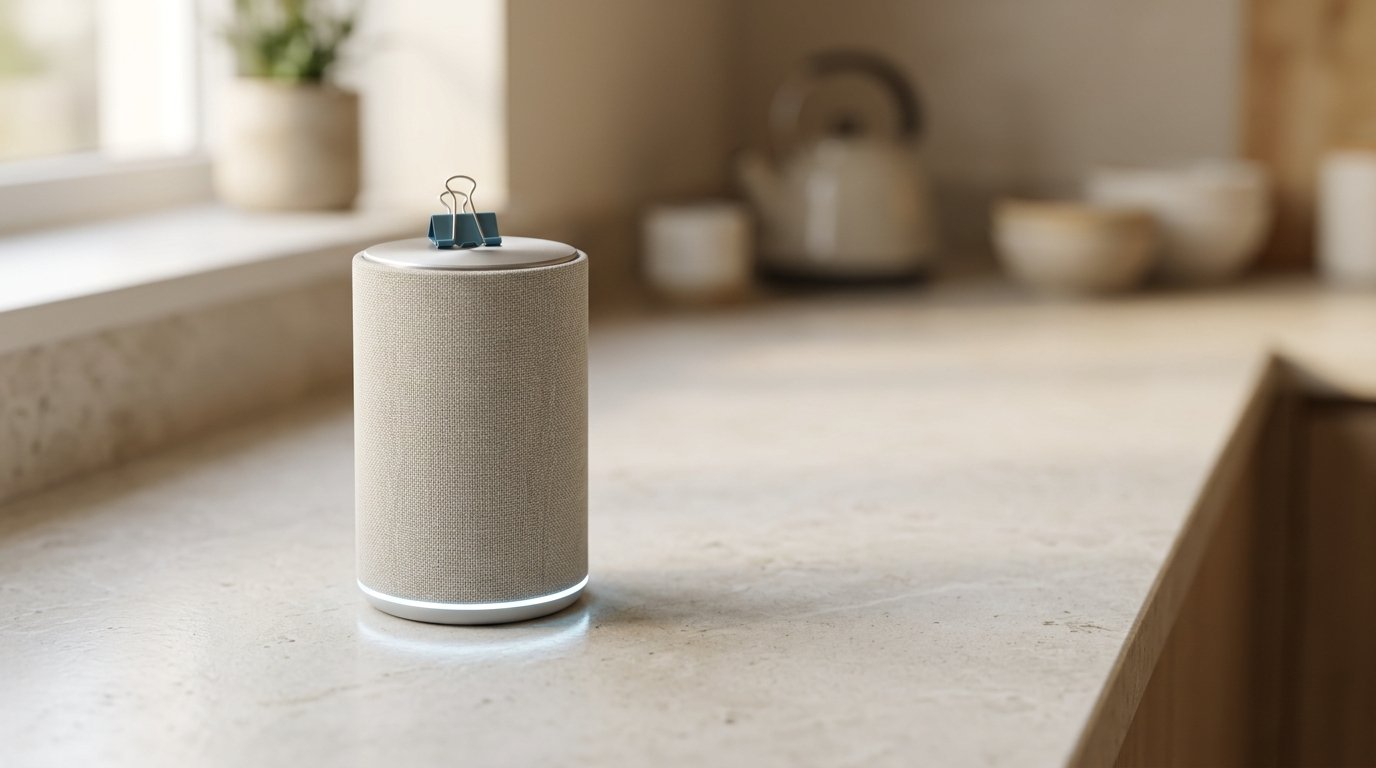 Small cylindrical smart speaker with a glowing base light ring on a kitchen counter, illustrating the Google Home Speaker