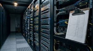 Patch management under pressure, shown by an unfinished checklist beside live server racks