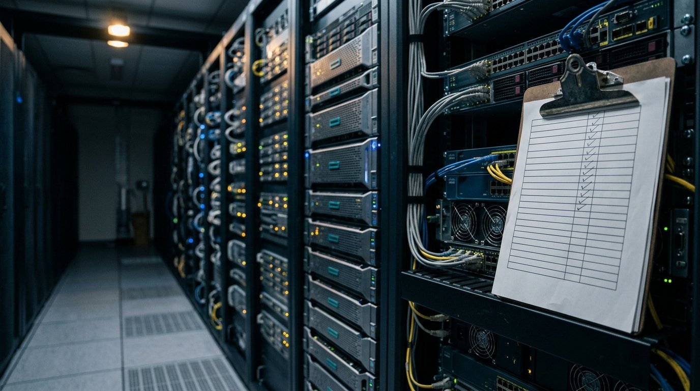 Patch management under pressure, shown by an unfinished checklist beside live server racks