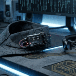 Wireless microphone transmitter in focus with a defocused video editing interface behind it, illustrating AI video editing and podcast production